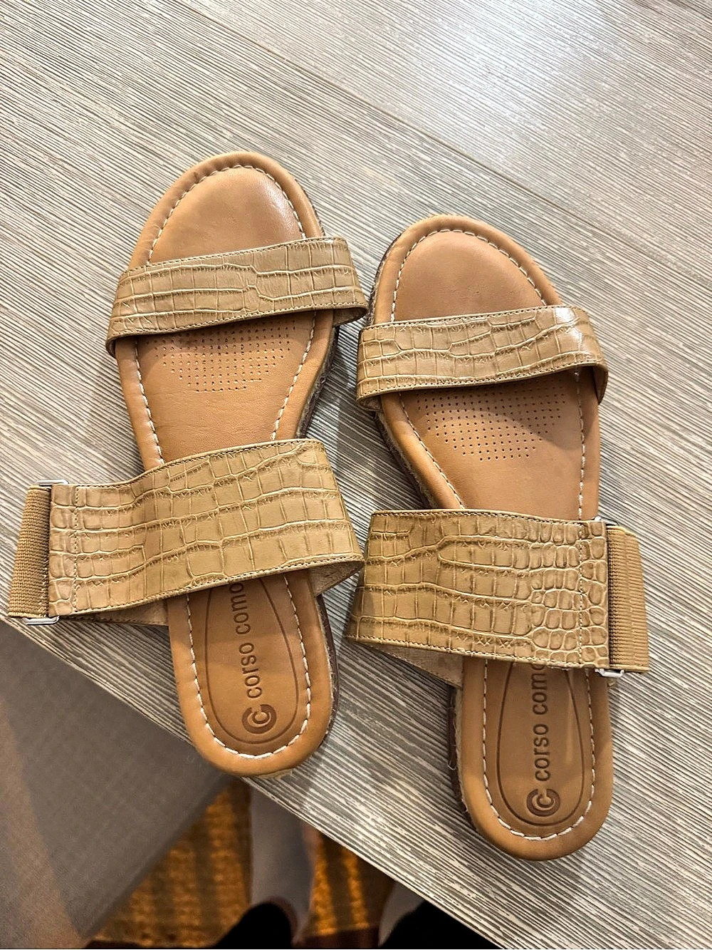 Coso Crocodile-Embossed Slide Sandals in Brown